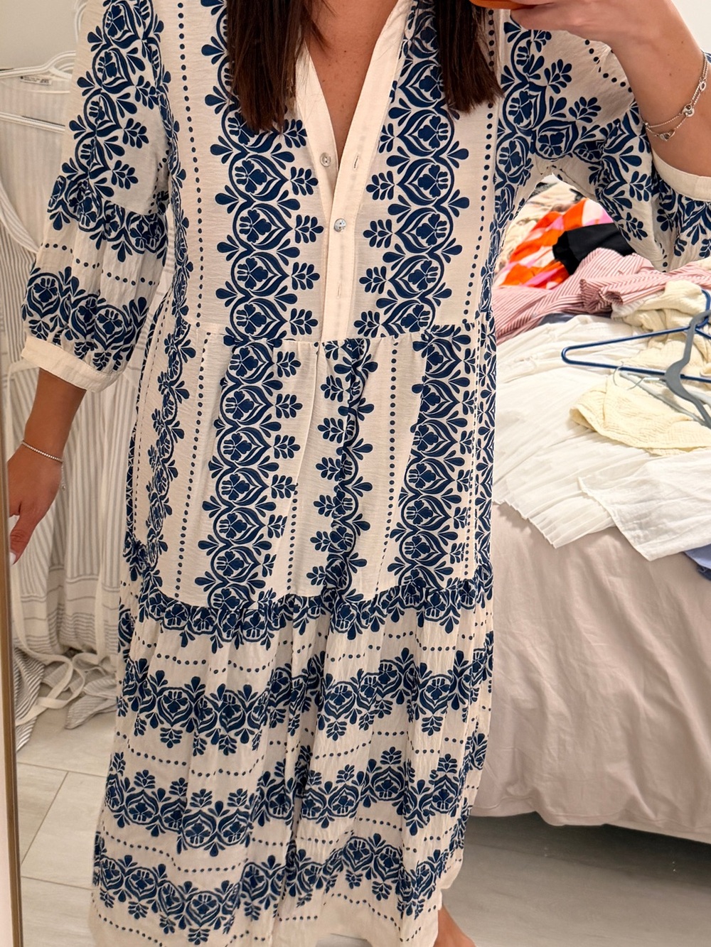 Women's White Maxi Dress with Blue Floral Print